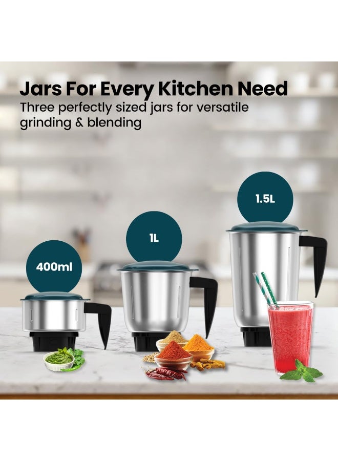 هافلز Havells ESO 750 Watt Mixer Grinder | 3 Stainless Steel Jars with Handles | 304 Rust-Resistant SS Blades | 21000 RPM High-Speed Motor | 5-Year Motor Warranty | Heavy-Duty Mixie (Teal) - Image 3